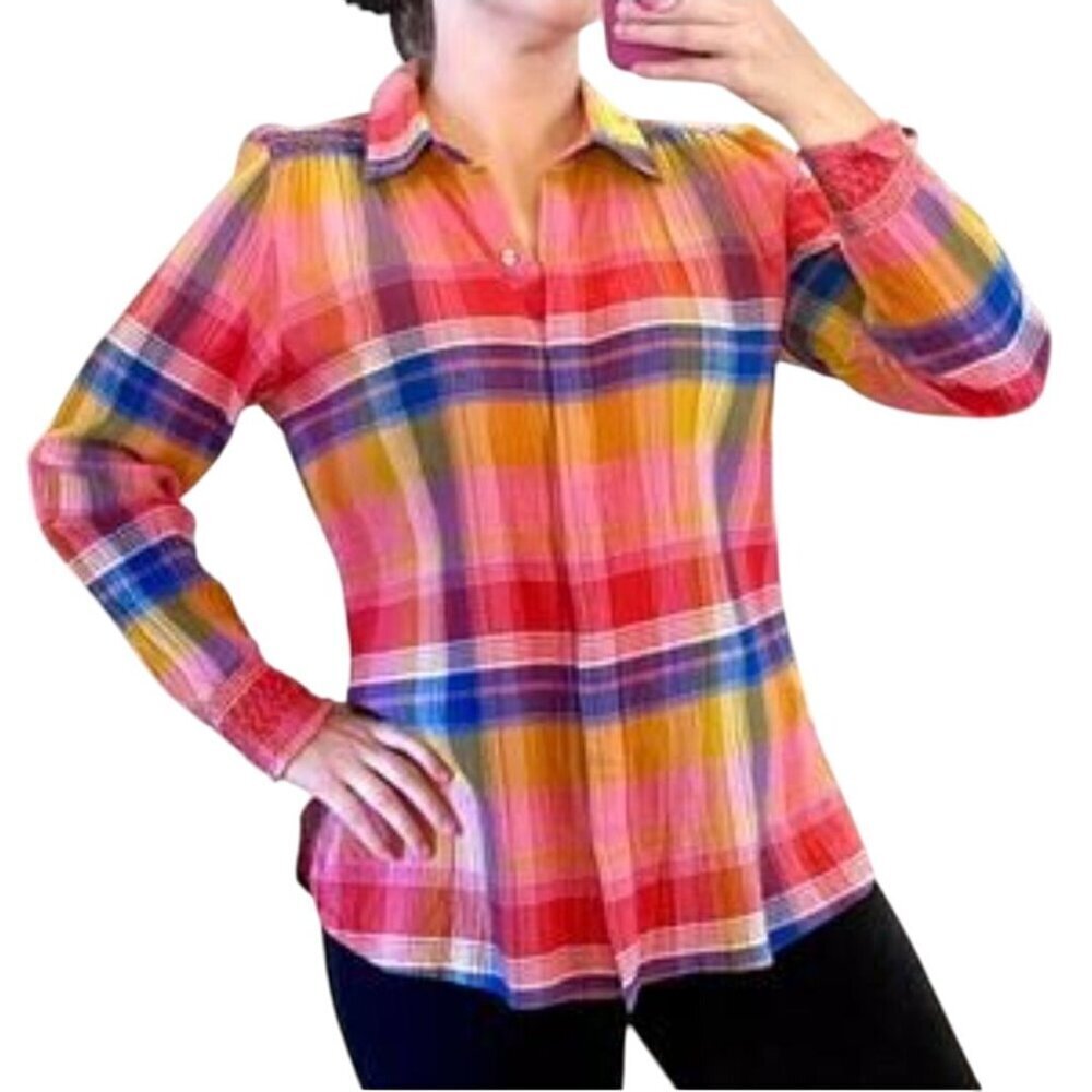 Soft Surroundings Sansonne Plaid Embroidered Button Front Shirt Size L